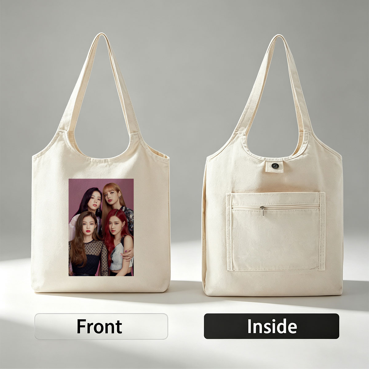 BLACKPINK Group Portrait - Four Members in Stylish Outfits Against Purple Background - Canvas shoulder bags/