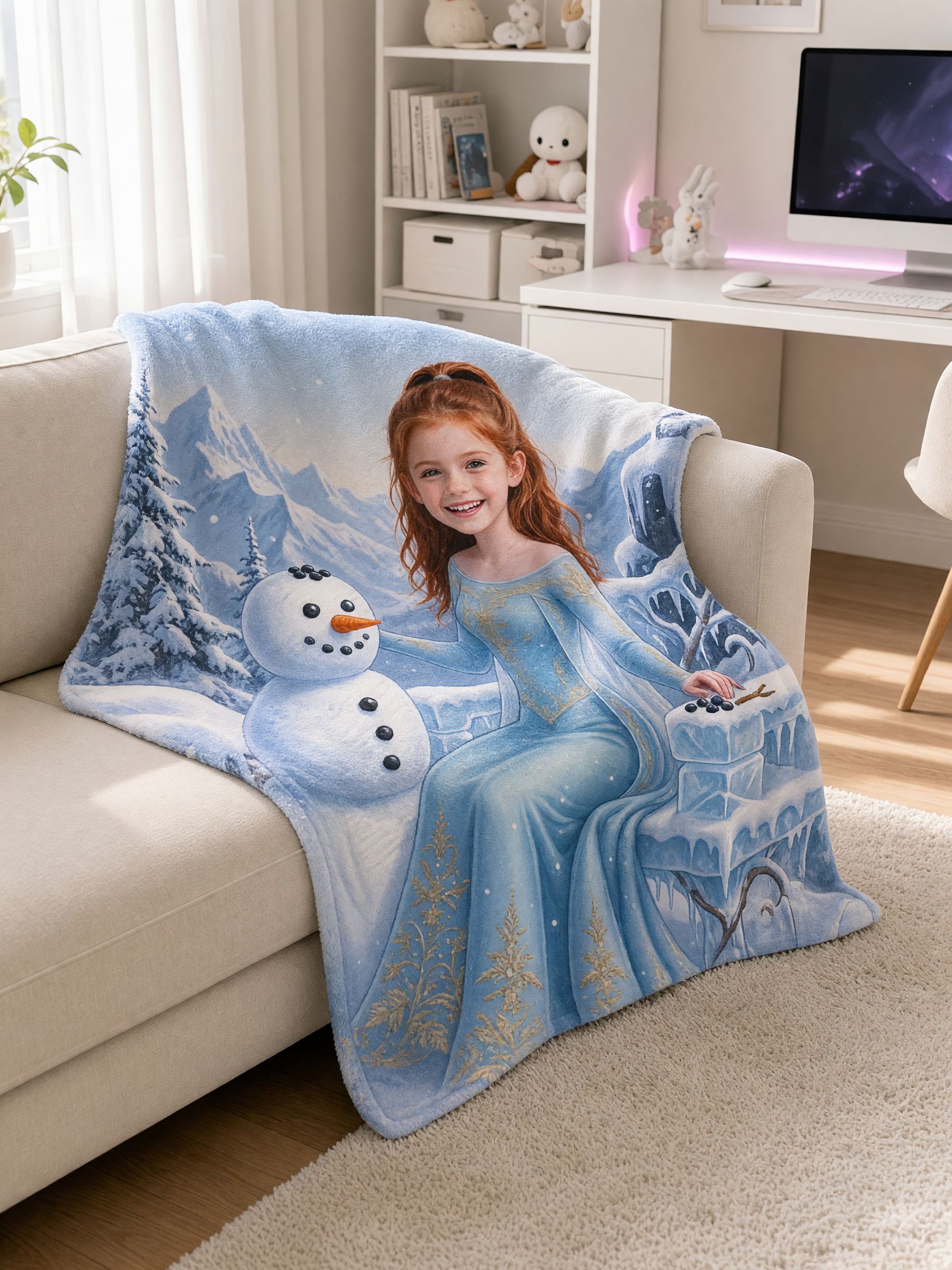 Custom Photo Blanket Personalized Ice Princess Snowman Throw Ultra Soft Flannel Fleece Bed Couch Cozy Gift for Girls