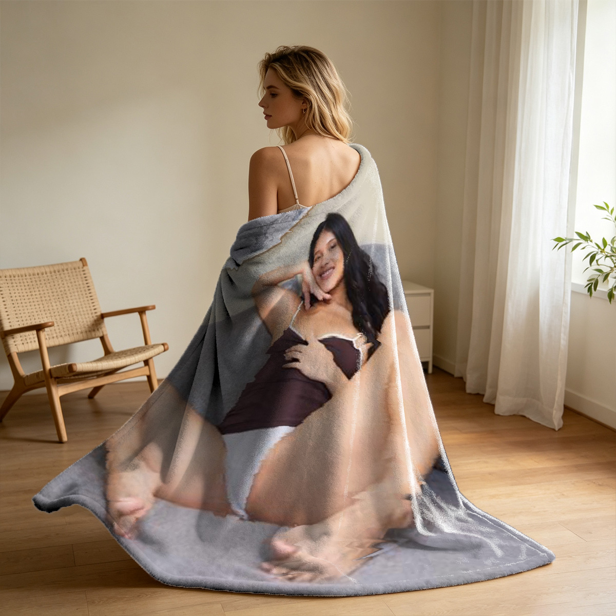 Elegant Asian Model in Navy Blue Bikini Posing Seductively Against Wooden Wall - Blanket