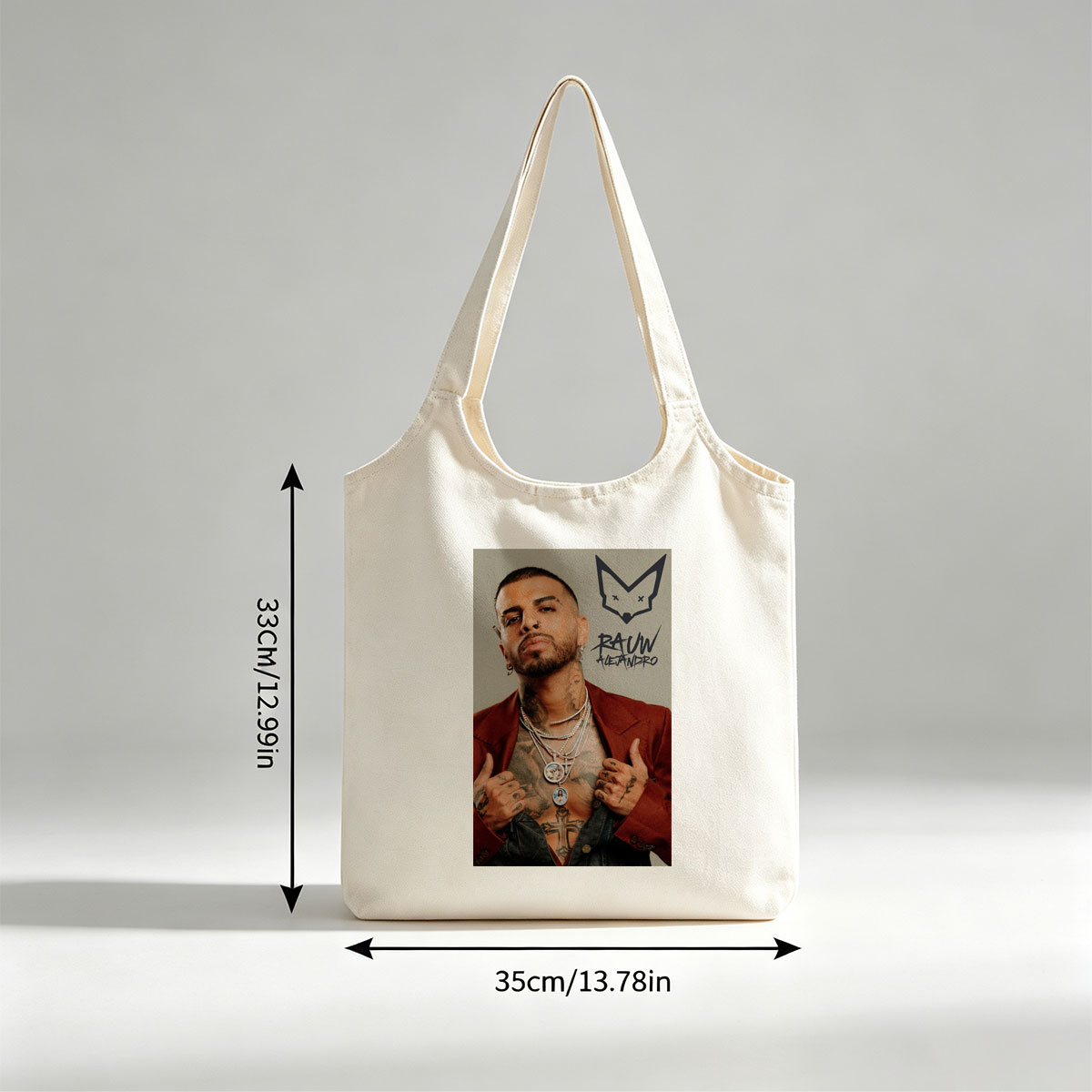 Rauw Alejandro Pose with Tattooed Chest and Multiple Necklaces in Red Blazer - Canvas shoulder bags/