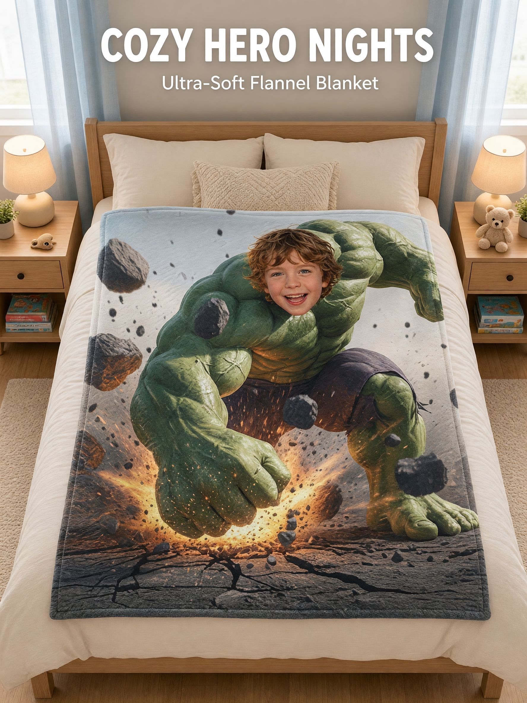 Custom Face Superhero Flannel Blanket Ultra Soft Cozy Smash Throw Personalized Photo Gift for Kids and Family