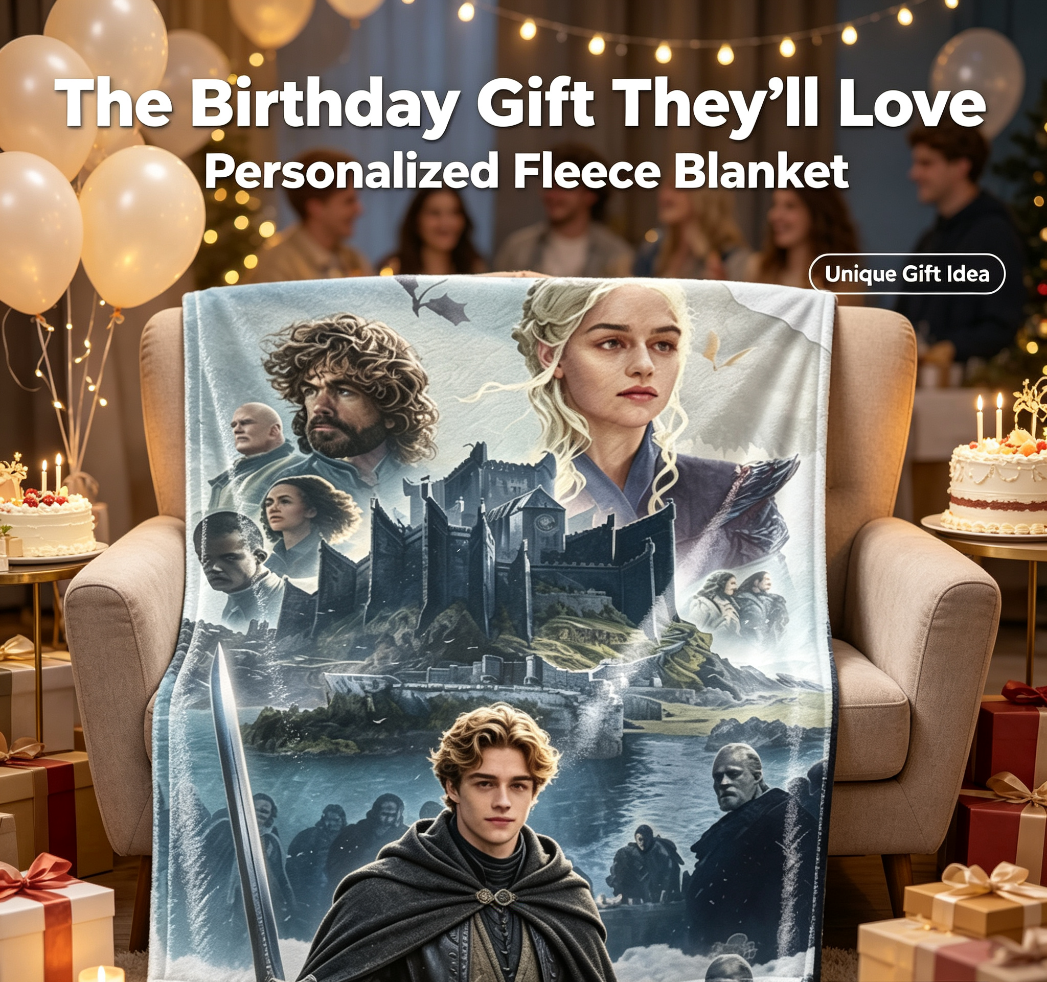 Custom Face Blanket Game of Thrones Character Portrait Flannel Blanket for Couch, Bed, or Travel – Perfect Gift or Giveaway for Fans