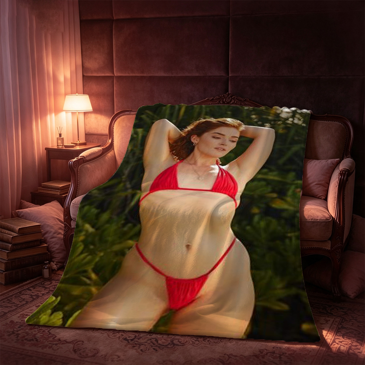 A Japanese woman in an unbuttoned white lace robe lying seductively on a red leather couch. - Blanket