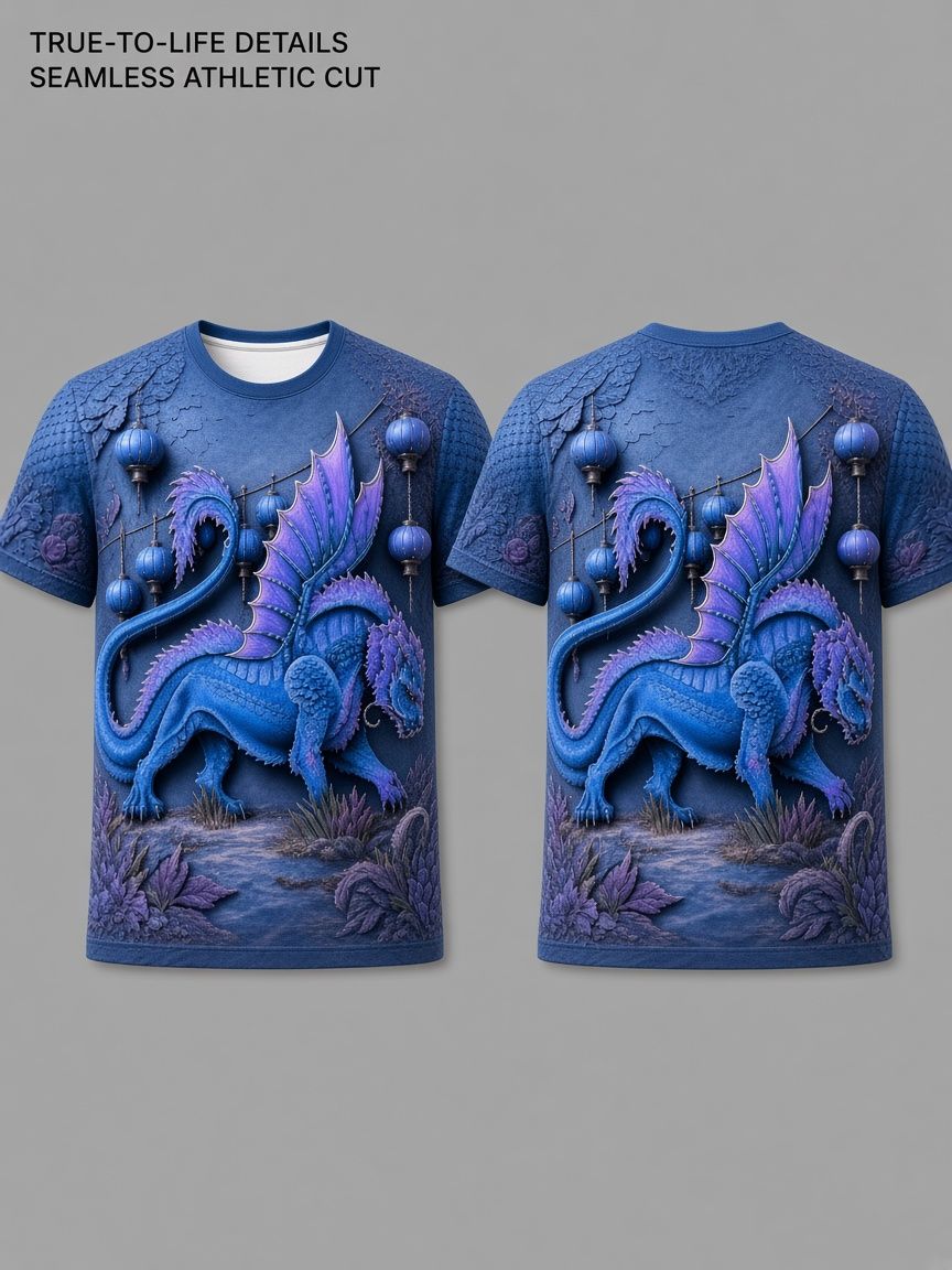 Blue Dragon 3D Optical Illusion Graphic Tee Breathable Athletic Mesh T-Shirt for Casual and Sports Wear