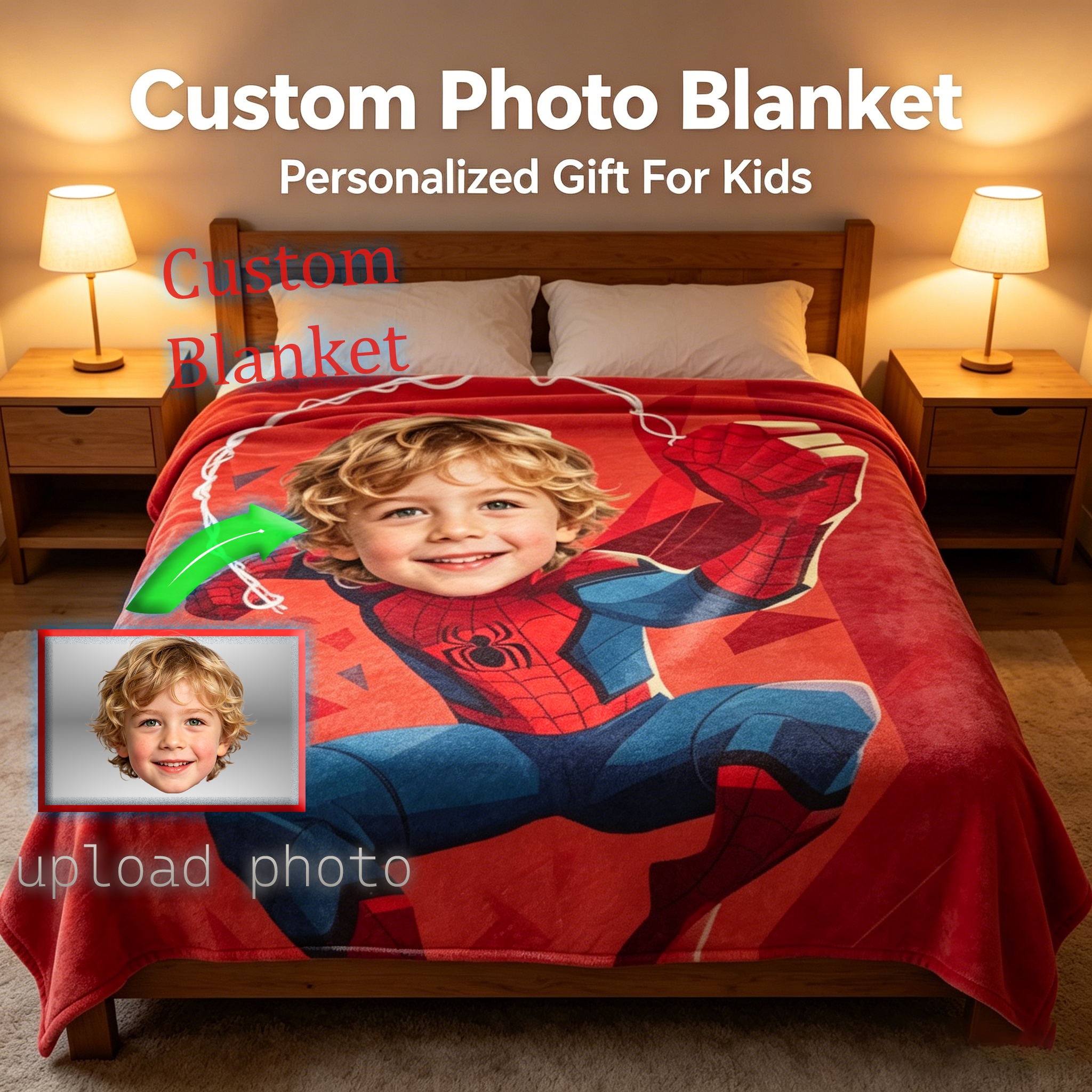 Personalized Spider-Man Face Blanket - Custom Photo Superhero Throw Blanket