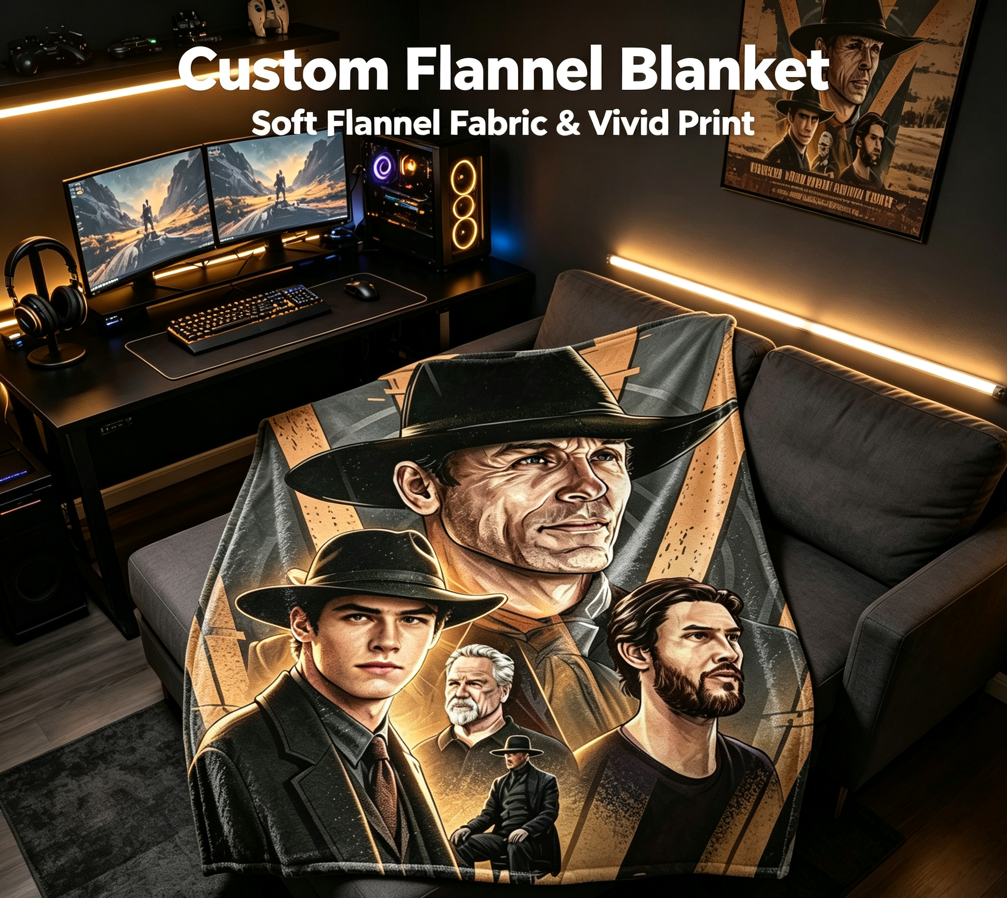 Custom Face Blanket Featuring Iconic Characters in Classic Fedoras Flannel Blanket Perfect for Cozy Nights and Movie Fan Gifts