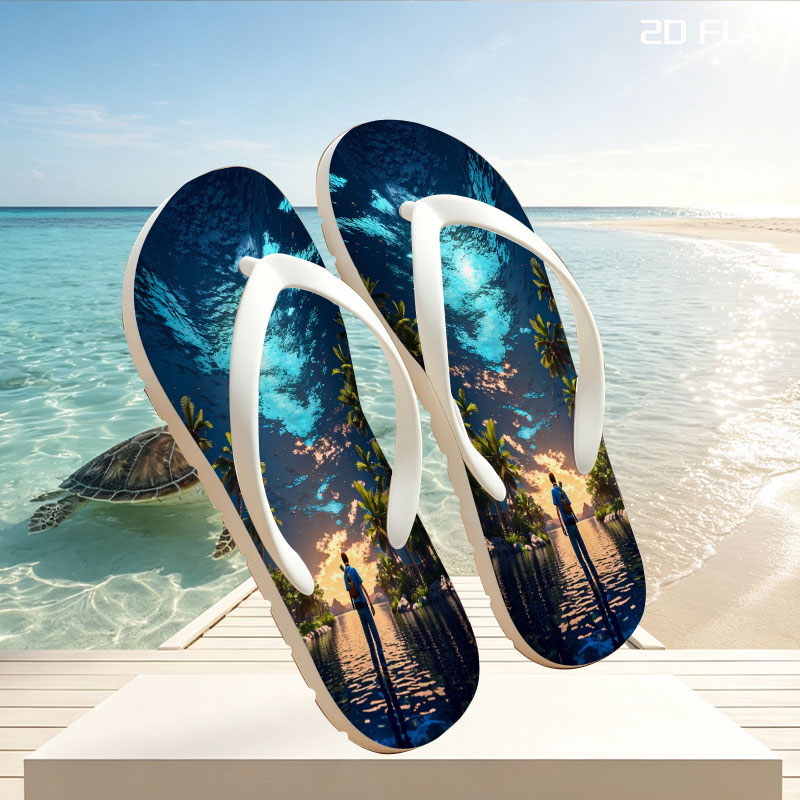 Man stands on water under surreal sky, surrounded by palm trees at twilight -  flip-flops