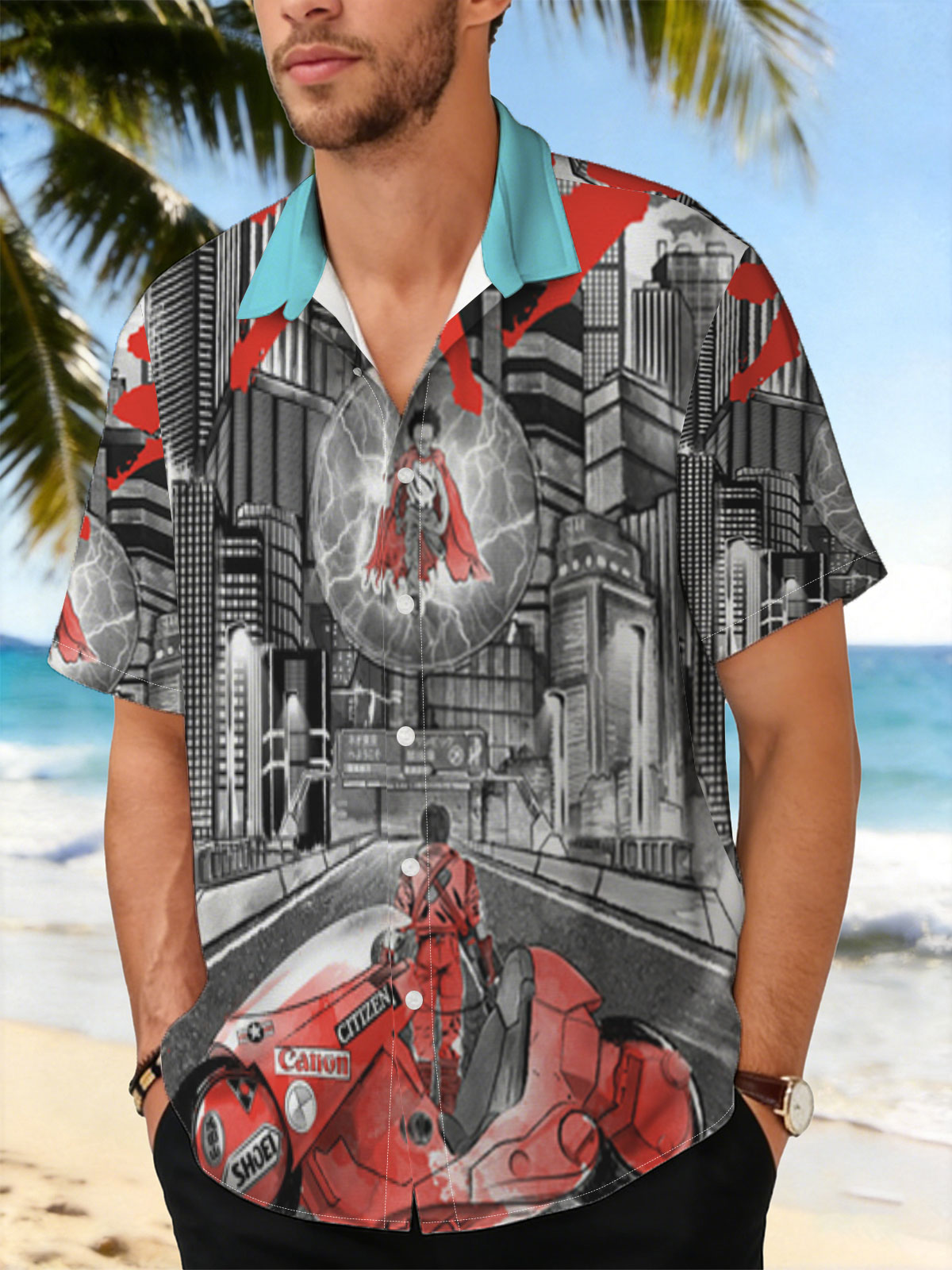 Akira: Neo-Tokyo Rider on a Red Motorcycle with a Floating Figure in a Thunderous Sphere -  Shirt