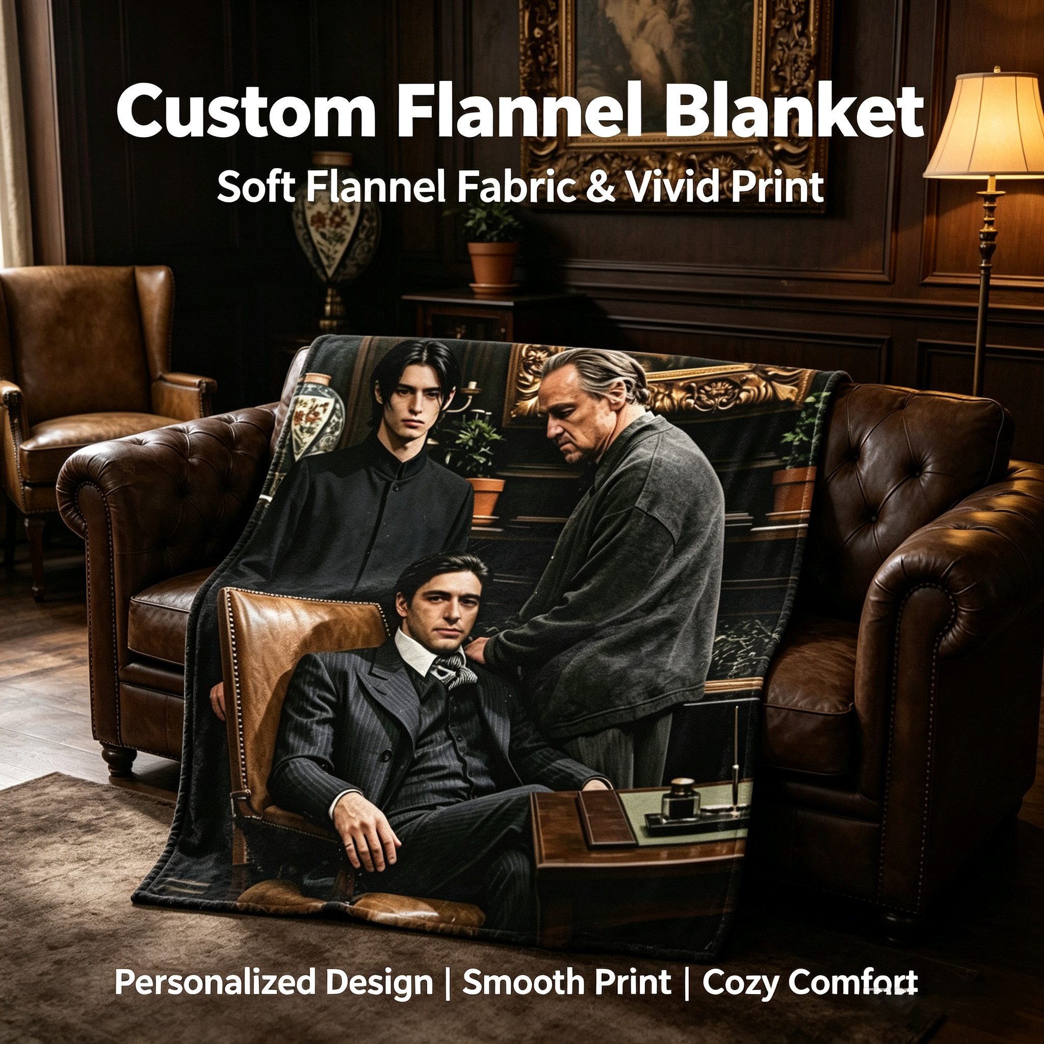 Custom Face Blanket Featuring Elegant Men in Classic Study Scene Flannel Blanket for Cozy Living Room or Office Gift Idea