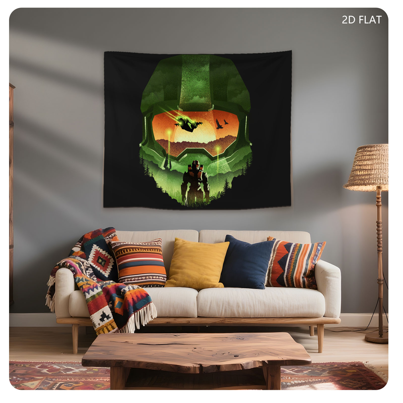 Master Chief Helmet View: Halo Soldier in Forest at Sunset - Tapestry