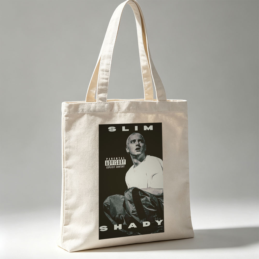 Eminem Sitting in a Dark Room with Parental Advisory Label on Album Cover - Canvas tote bags