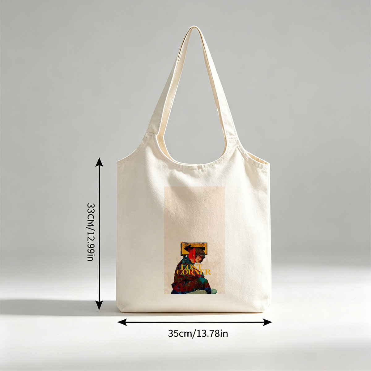 Lost Corner Artist in Colorful Jacket with Arrow Sign and Text Overlay - Canvas shoulder bags/