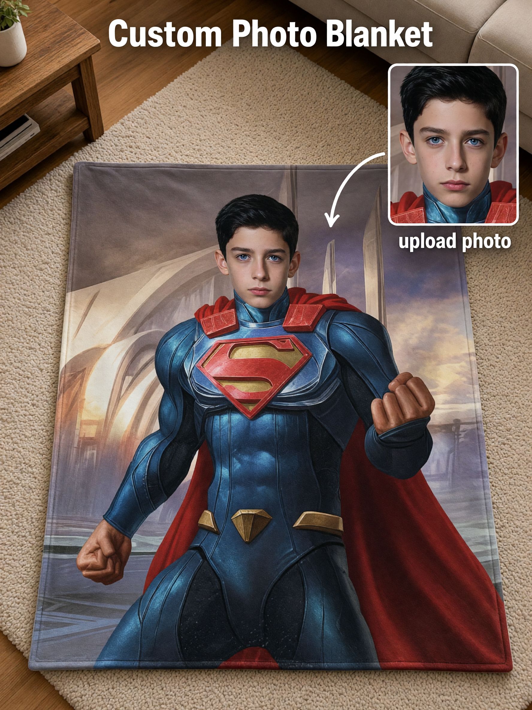 Personalized Superhero Face Photo Blanket Ultra Soft Flannel Throw Cozy Custom Gift for Bed Couch Travel