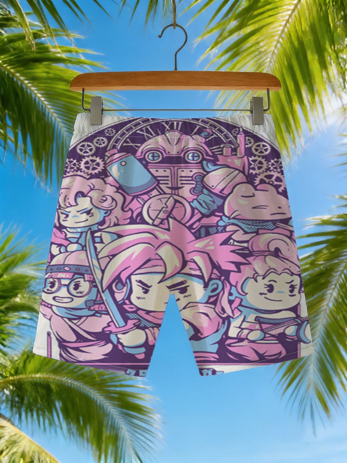 Chibi Characters in Pink and Blue with Clockwork Background -  Beach shorts