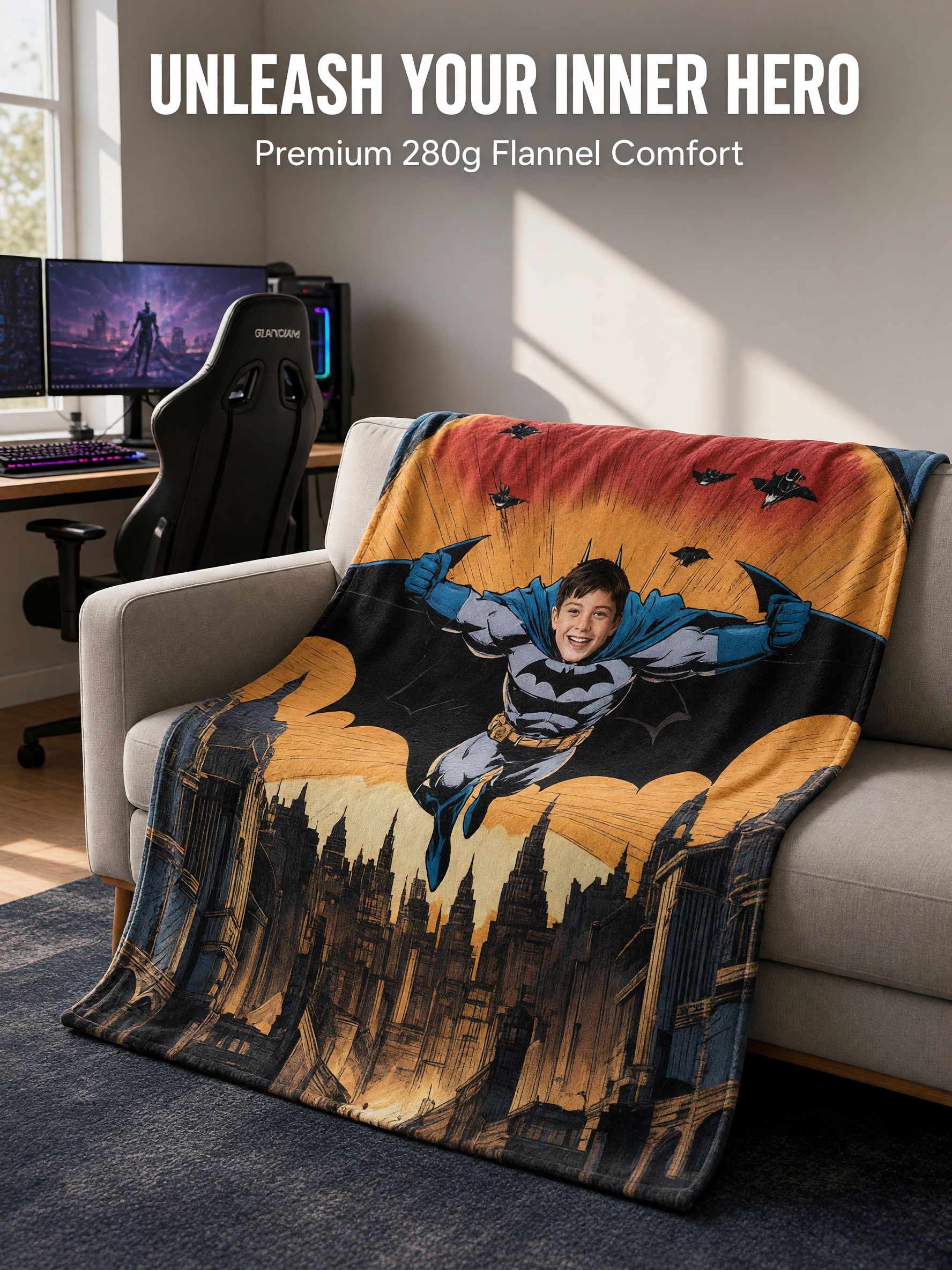 Custom Face Superhero Blanket, Personalized Photo Comic Flannel Throw for Kids and Adults, Cozy Bed Couch Keepsake Gift