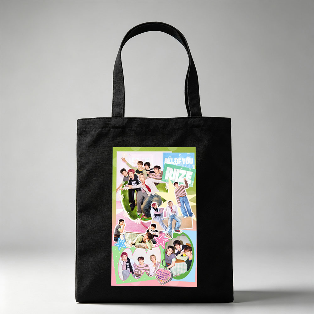 RIIZE Group in Vibrant Collage Pose with Colorful Background and Heart-Shaped Message - Canvas tote bags