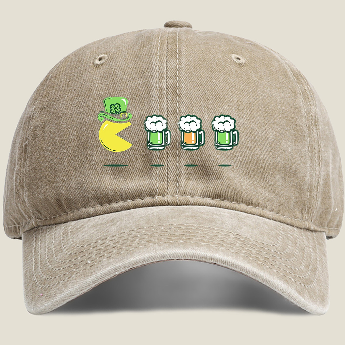 Pac-Man Wears a Leprechaun Hat and Approaches Beer Mugs - Washed Denim - Baseball Cap