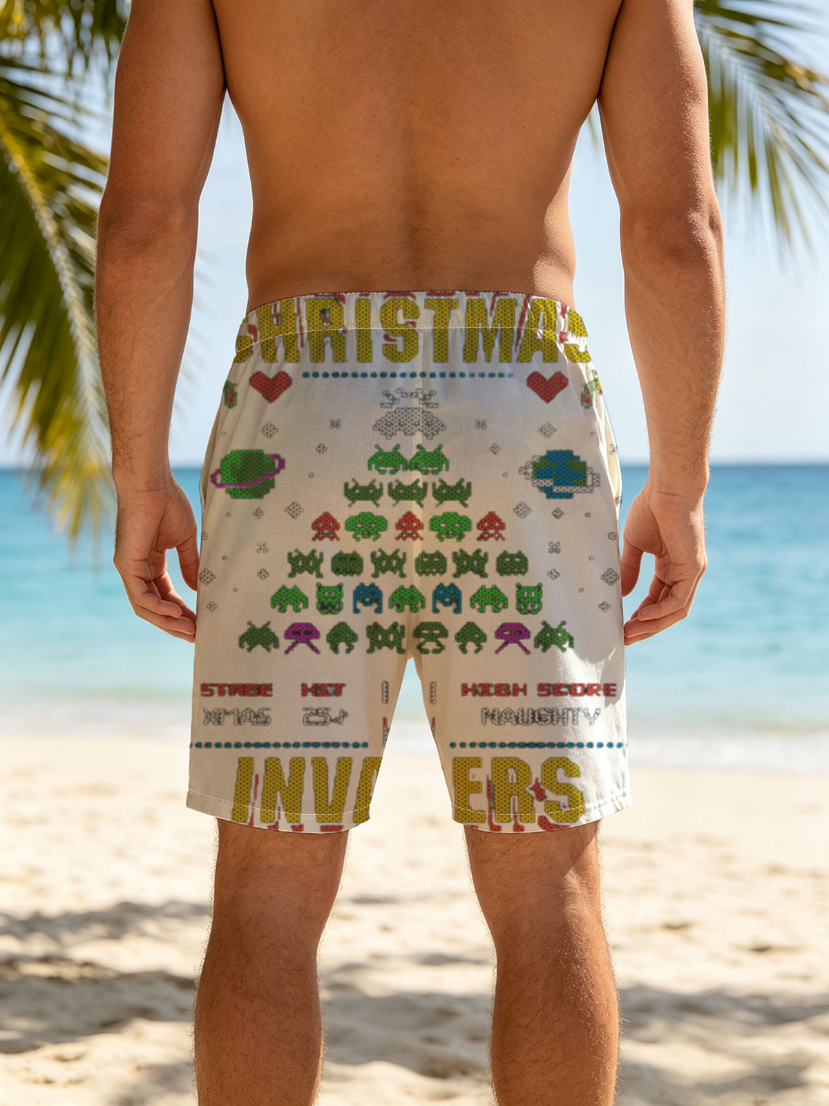 Christmas Invaders: Space Aliens, Santa, and Pixel Art Holiday Battle -  Beach shorts