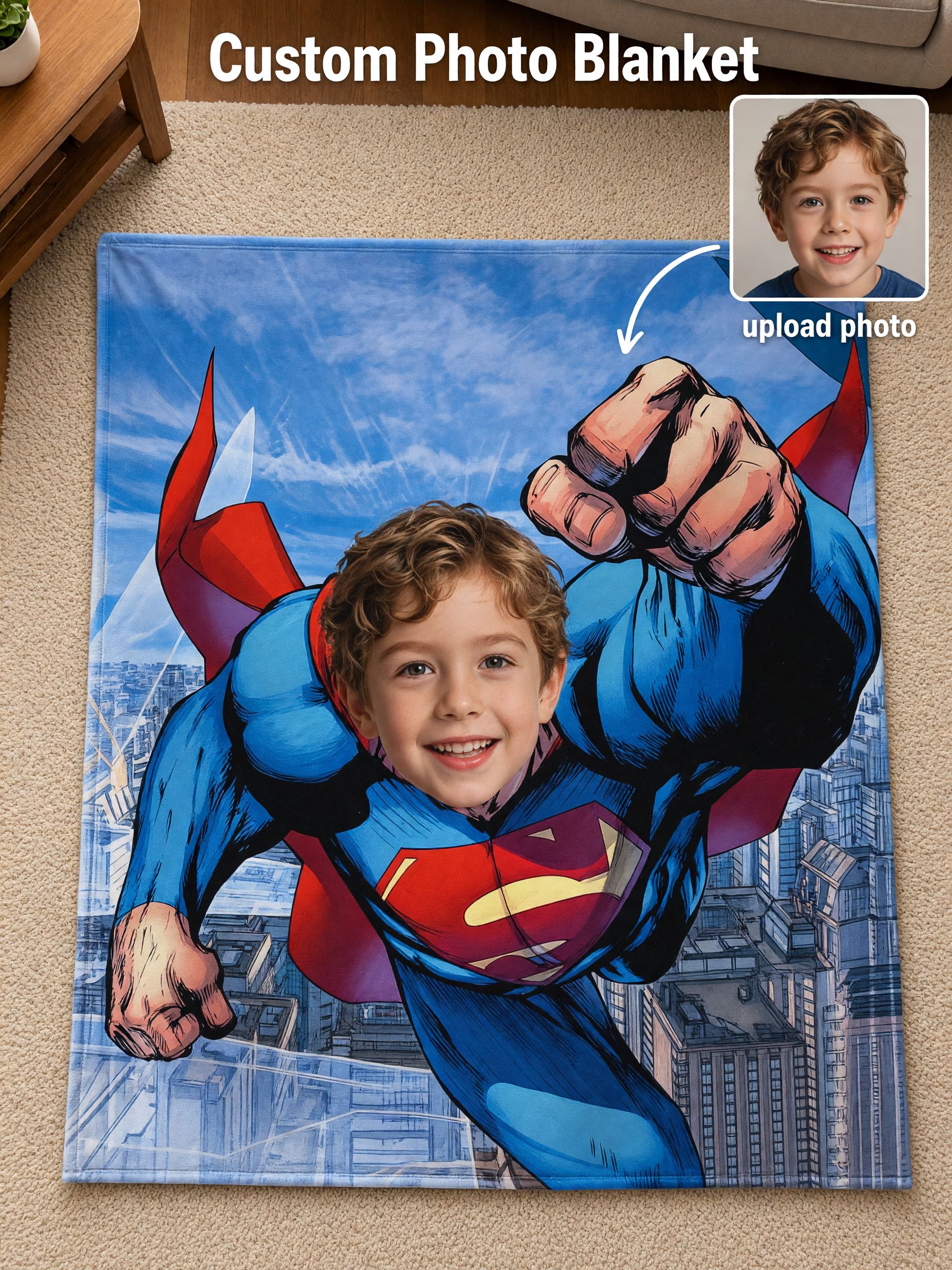 Personalized Superhero Photo Face Flannel Blanket Custom Cozy Fleece Throw Keepsake Gift for Kids and Family