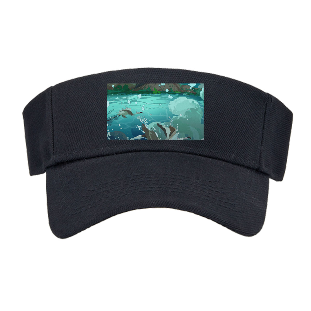 A boy rides a swan through a mystical underwater world beneath a giant tree. -  Visor cap