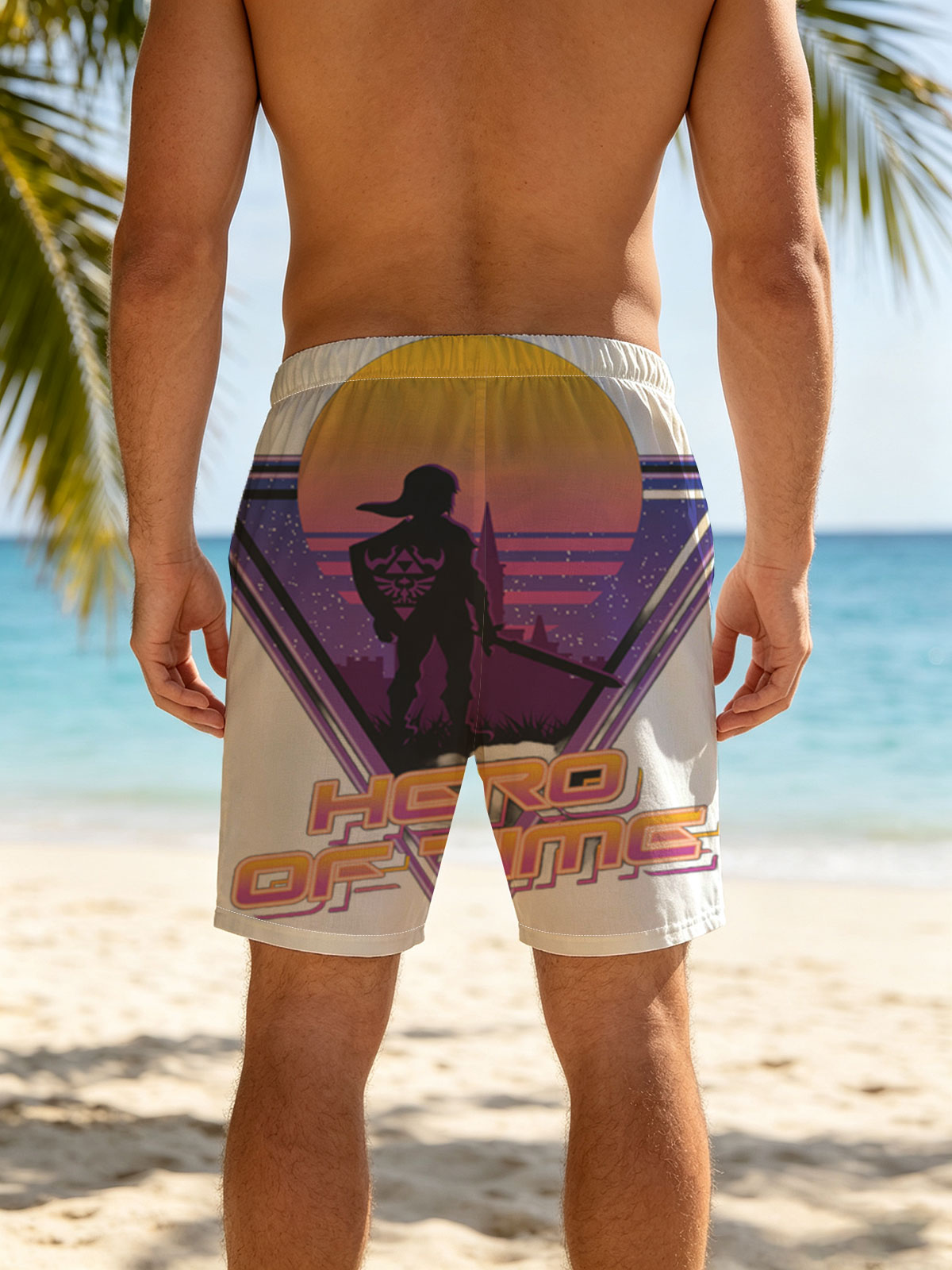 Hero of Time: Link Silhouette in Retro Sunset Scene -  Beach shorts
