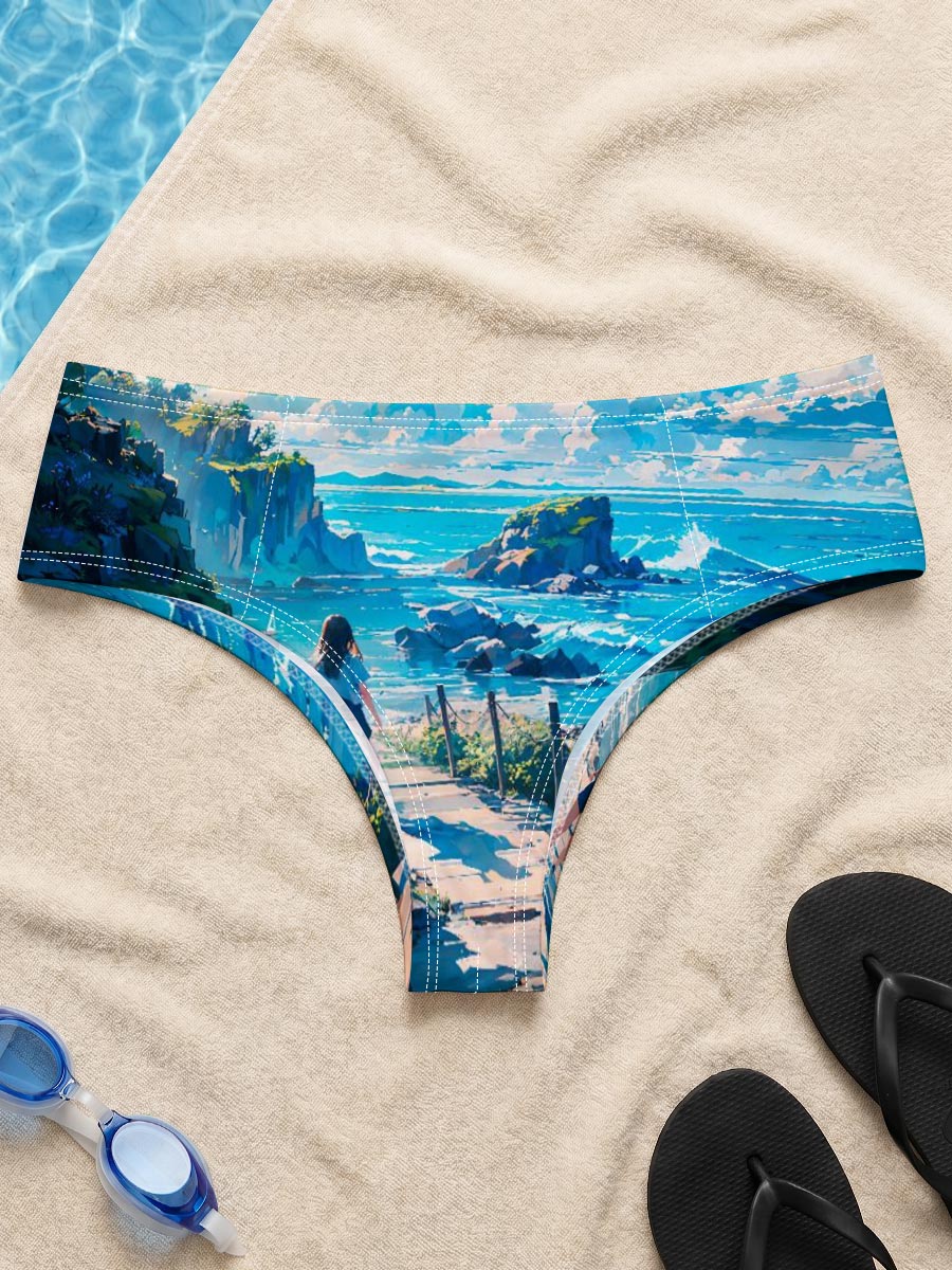 Girl walking on coastal path overlooking turquoise sea and rocky cliffs under bright blue sky -  Men's swim trunks