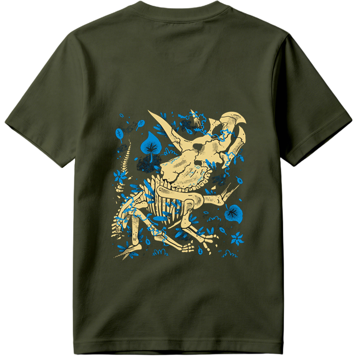Triceratops Skeleton with Blue Leaves - Tee