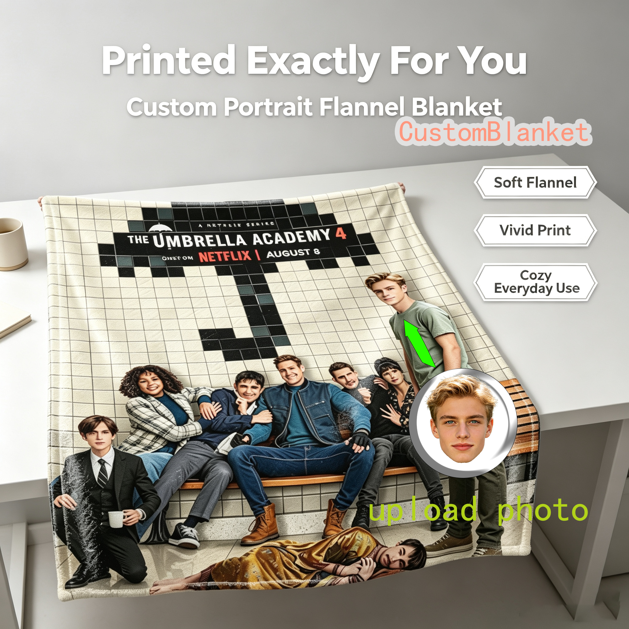 Custom Face Blanket The Umbrella Academy Flannel Blanket for Couch or Bed Comfort Gift for Fans of Netflix Series