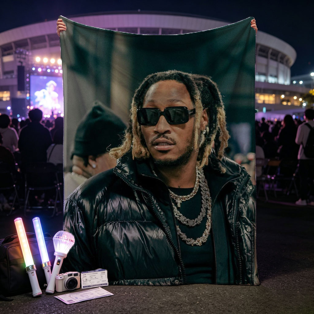 Tory Lanez at a Music Event Wearing a Black Puffer Jacket and Sunglasses - Blankets