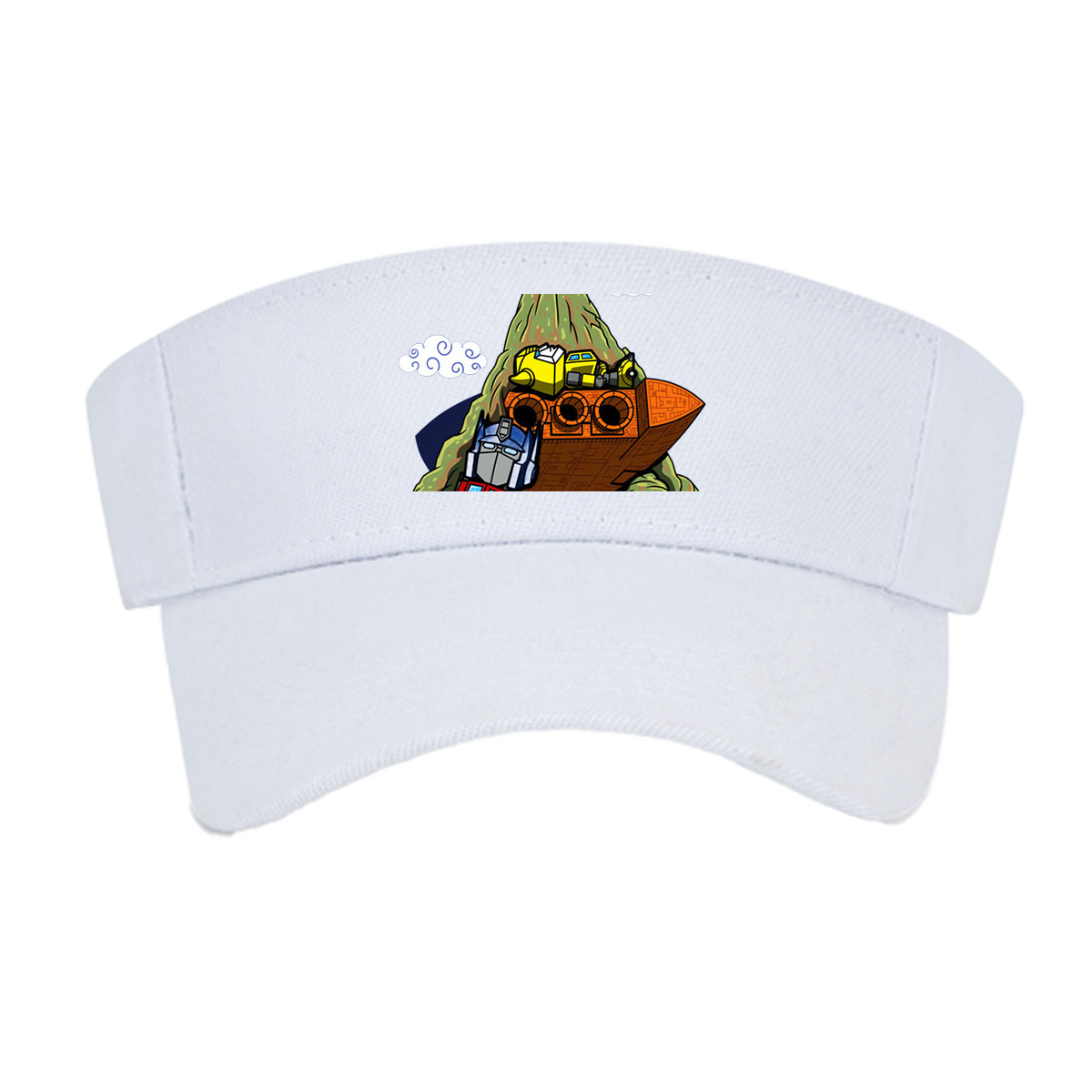 Optimus Prime and Bumblebee atop a mountain with a spaceship, cartoon style -  Visor cap