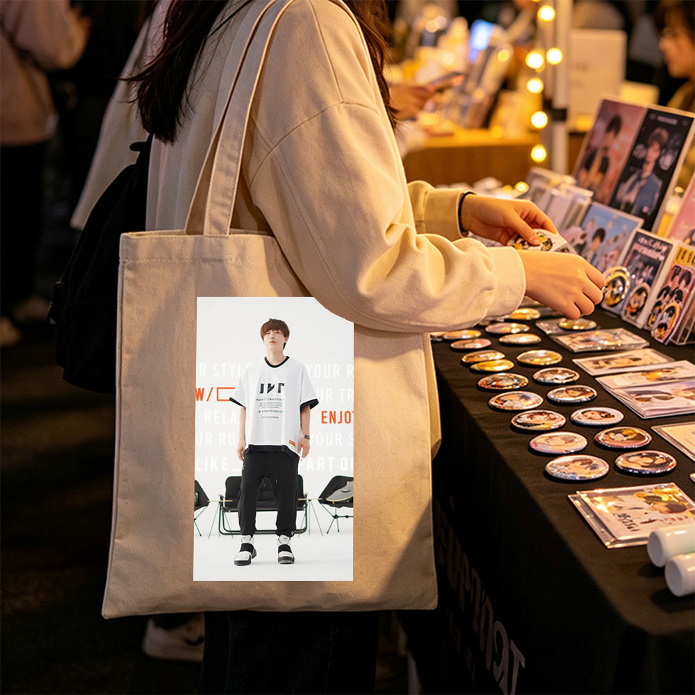 Jinwoo Park in Fashion Show - Wearing White Graphic Tee and Black Cargo Pants with Sneakers - Canvas tote bags
