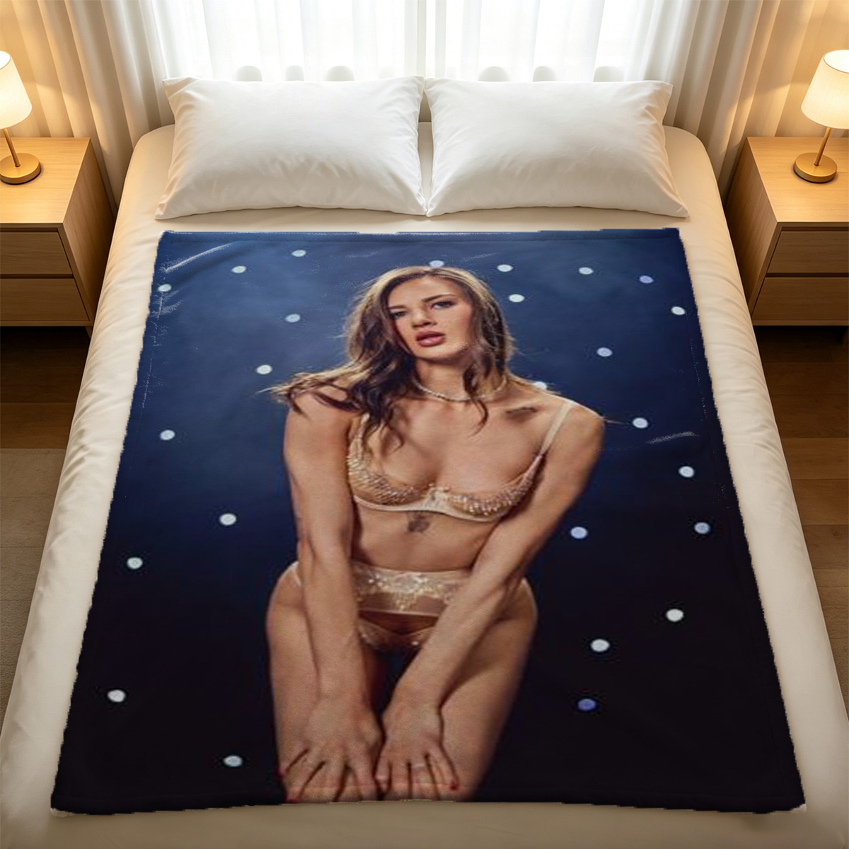 Elegant Woman in Black Lace Lingerie and Open Brown Robe Standing in Modern Interior - Blanket