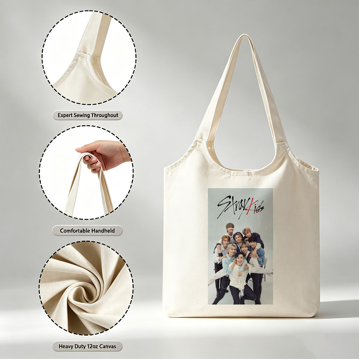 Stray Kids Group Photo - Members Posing Together in Casual Outfits on a Light Background - Canvas shoulder bags/