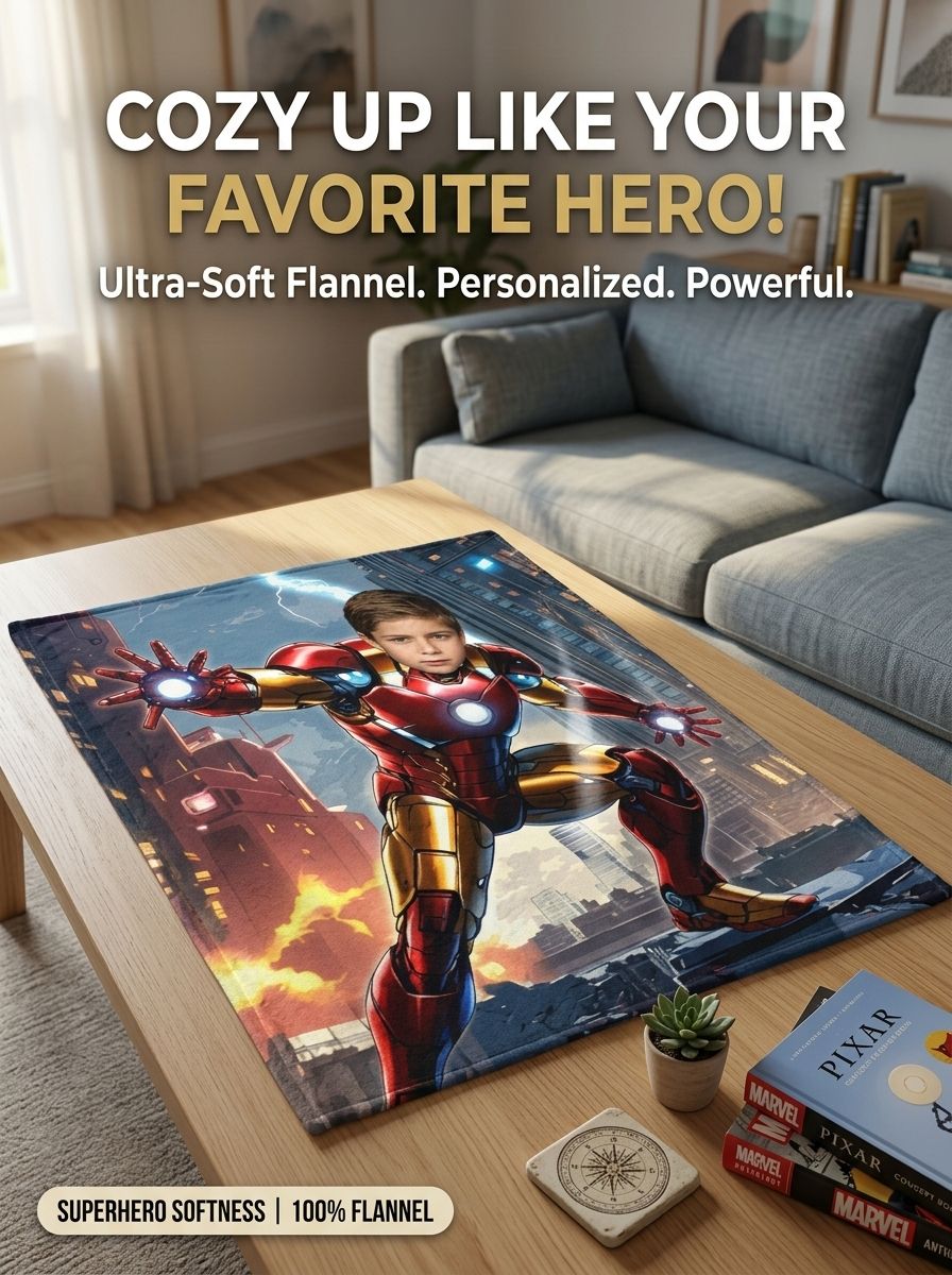 Personalized Superhero Photo Blanket Custom Face Flannel Fleece Throw Soft Warm Bedding Gift for Kids and Teens