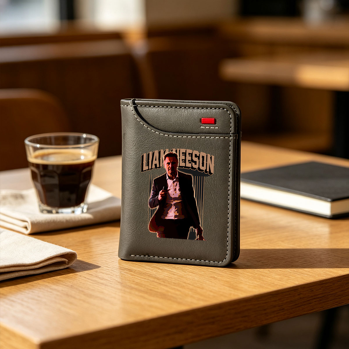 Liam Neeson in a dramatic pose, holding a phone, with bold text above him. - Vertical Style Wallet