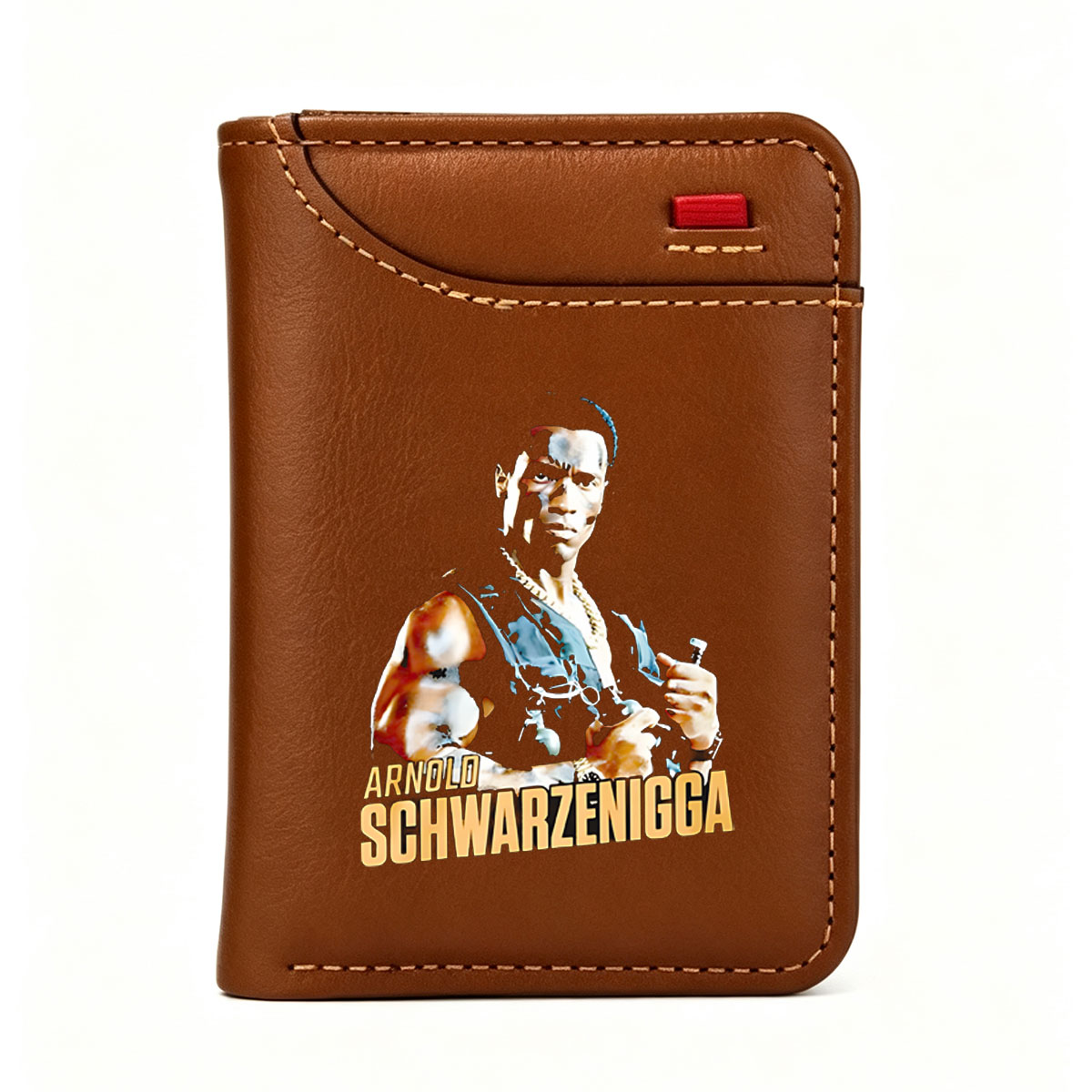Arnold Schwarzenegger in Action Pose with Bottle and Chain Necklace - Vertical Style Wallet