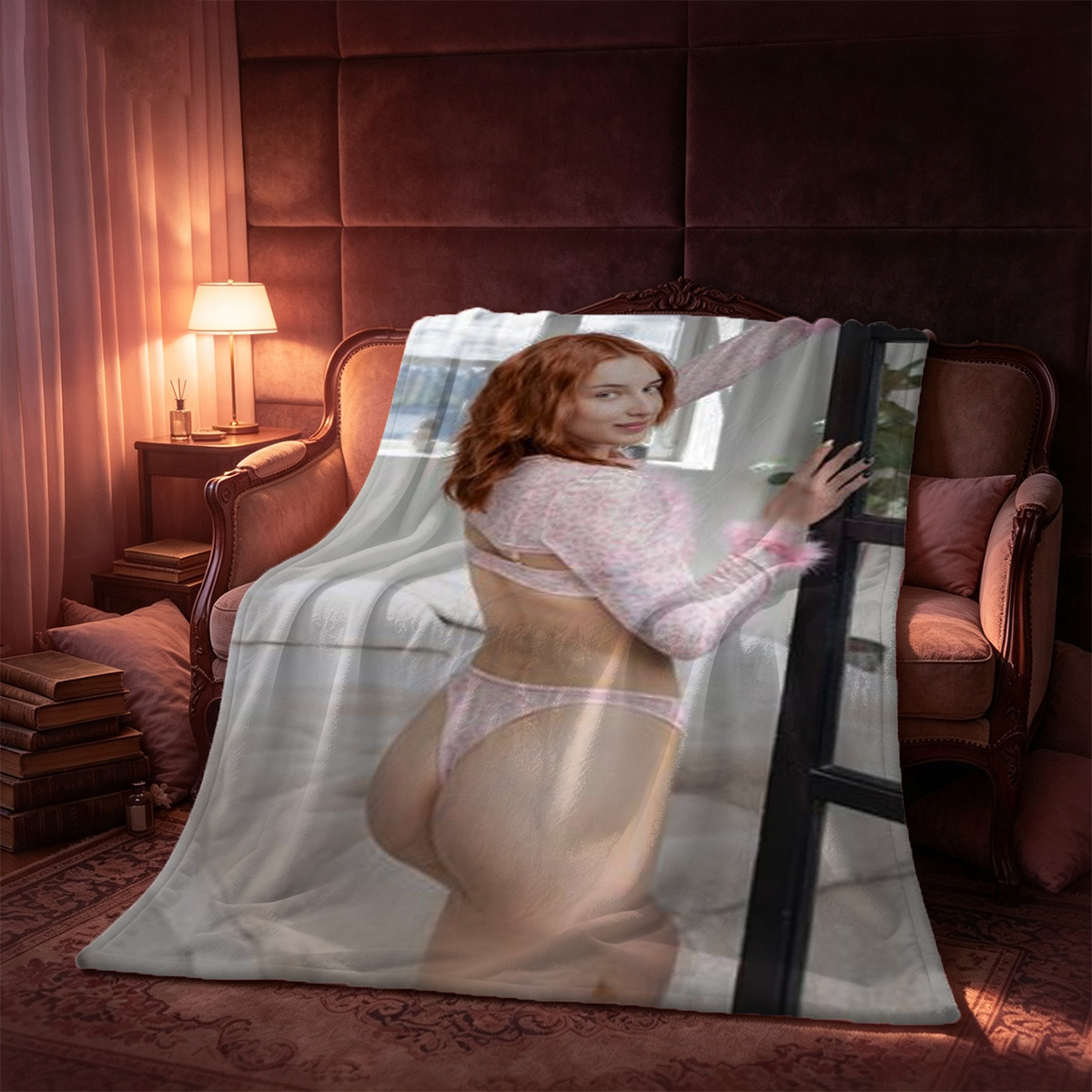 Nude Asian Woman with Bob Hair Sitting on Bamboo Chair - Blanket