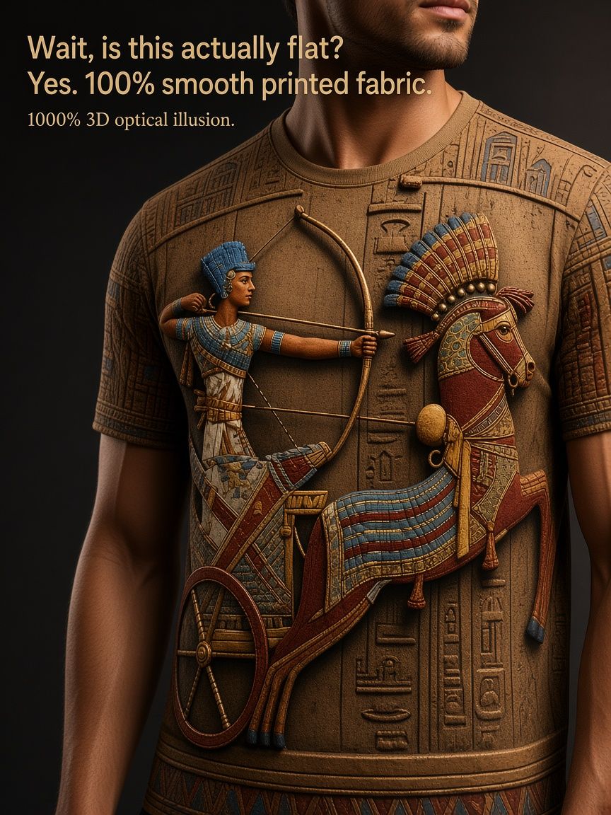 Ancient Egyptian Chariot 3D Optical Illusion Graphic Tee Breathable Athletic Mesh T-Shirt for Casual and Sports Wear