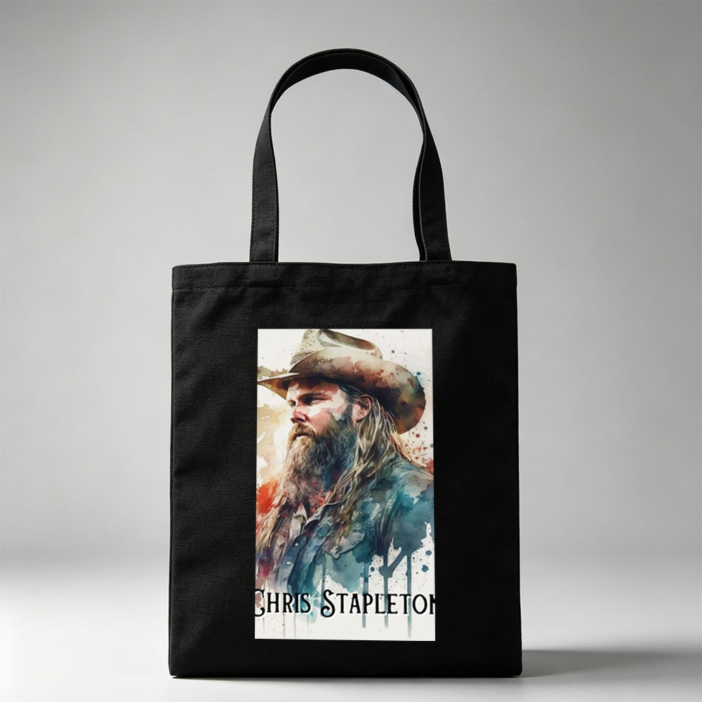 Chris Stapleton in a Watercolor Portrait with Cowboy Hat and Long Beard - Canvas tote bags
