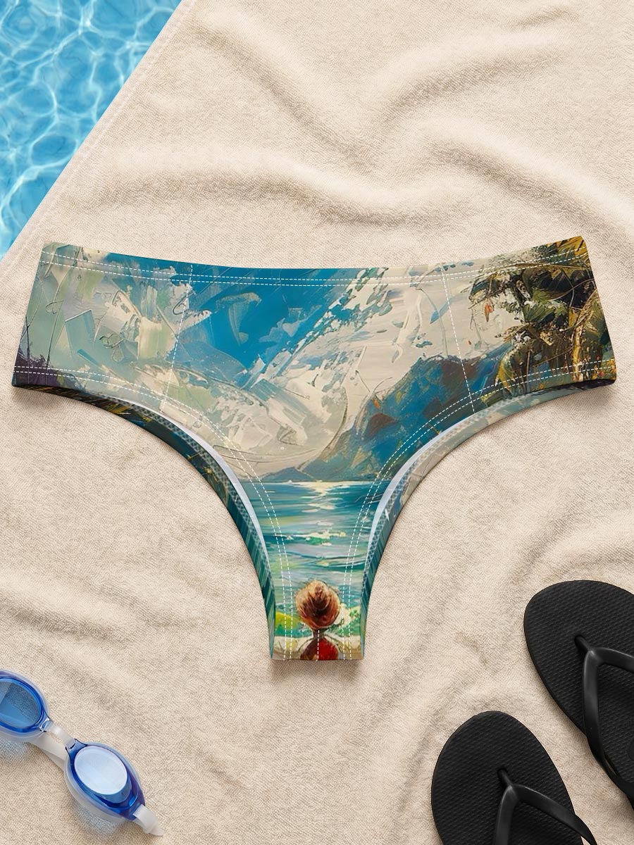 A woman walks on a tropical beach, framed by palm trees and turquoise waters under a vibrant sky. -  Men's swim trunks