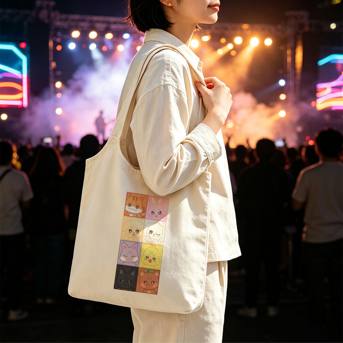 Cute Animal Characters Grid Featuring Kawaii Cartoon Animals in Colorful Squares - Canvas shoulder bags/