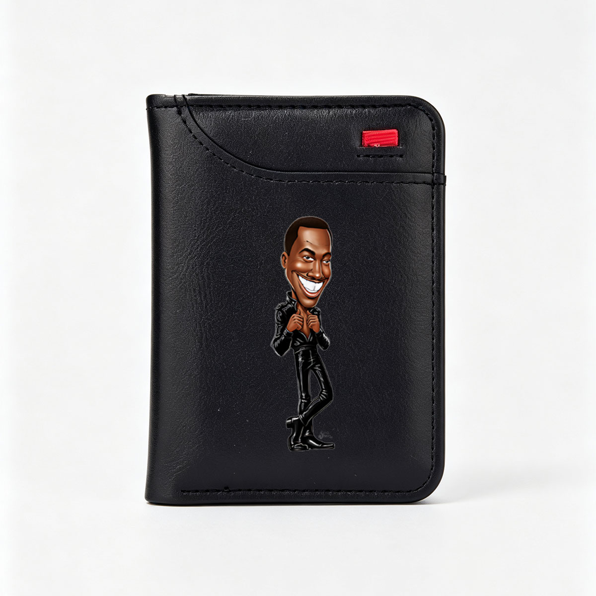 Caricature of a smiling man in a black leather outfit, adjusting his jacket with a confident pose. - Vertical Style Wallet