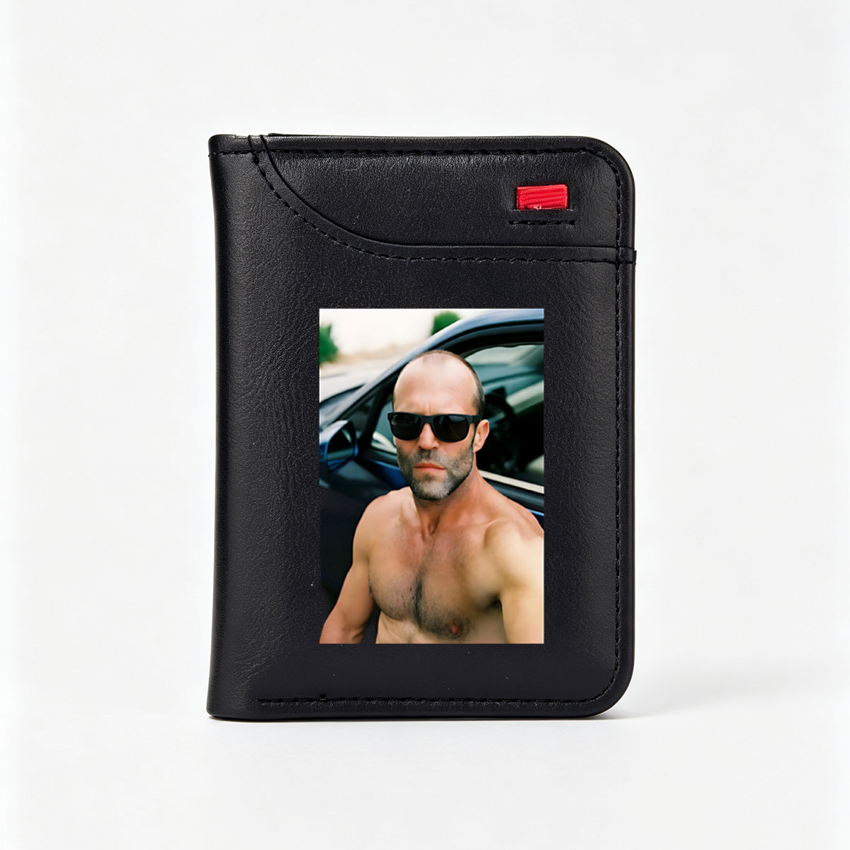 Jason Statham shirtless in sunglasses near car - Vertical Style Wallet