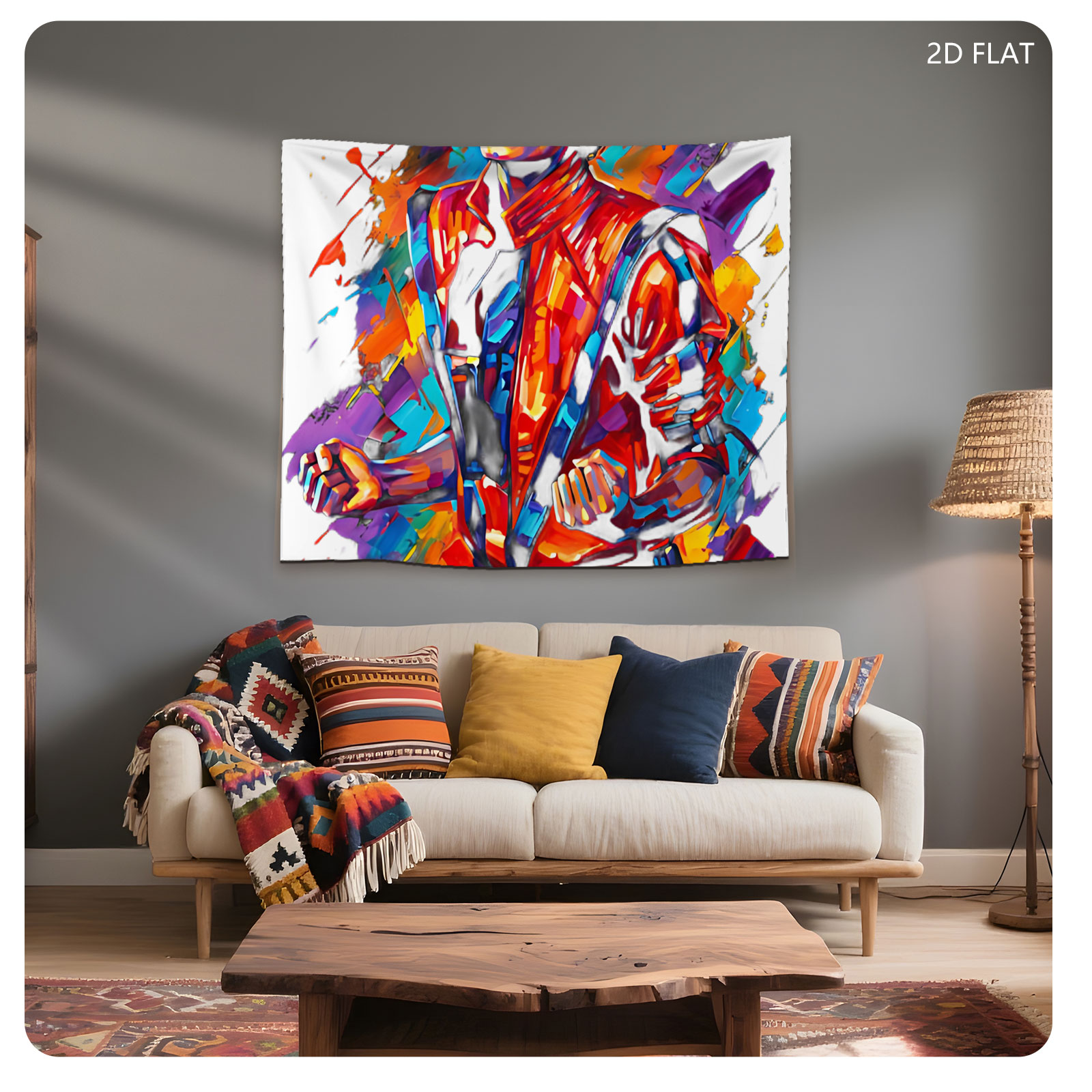 Michael Jackson in vibrant, dynamic art style, wearing iconic red jacket, set against colorful abstract background. - Tapestry