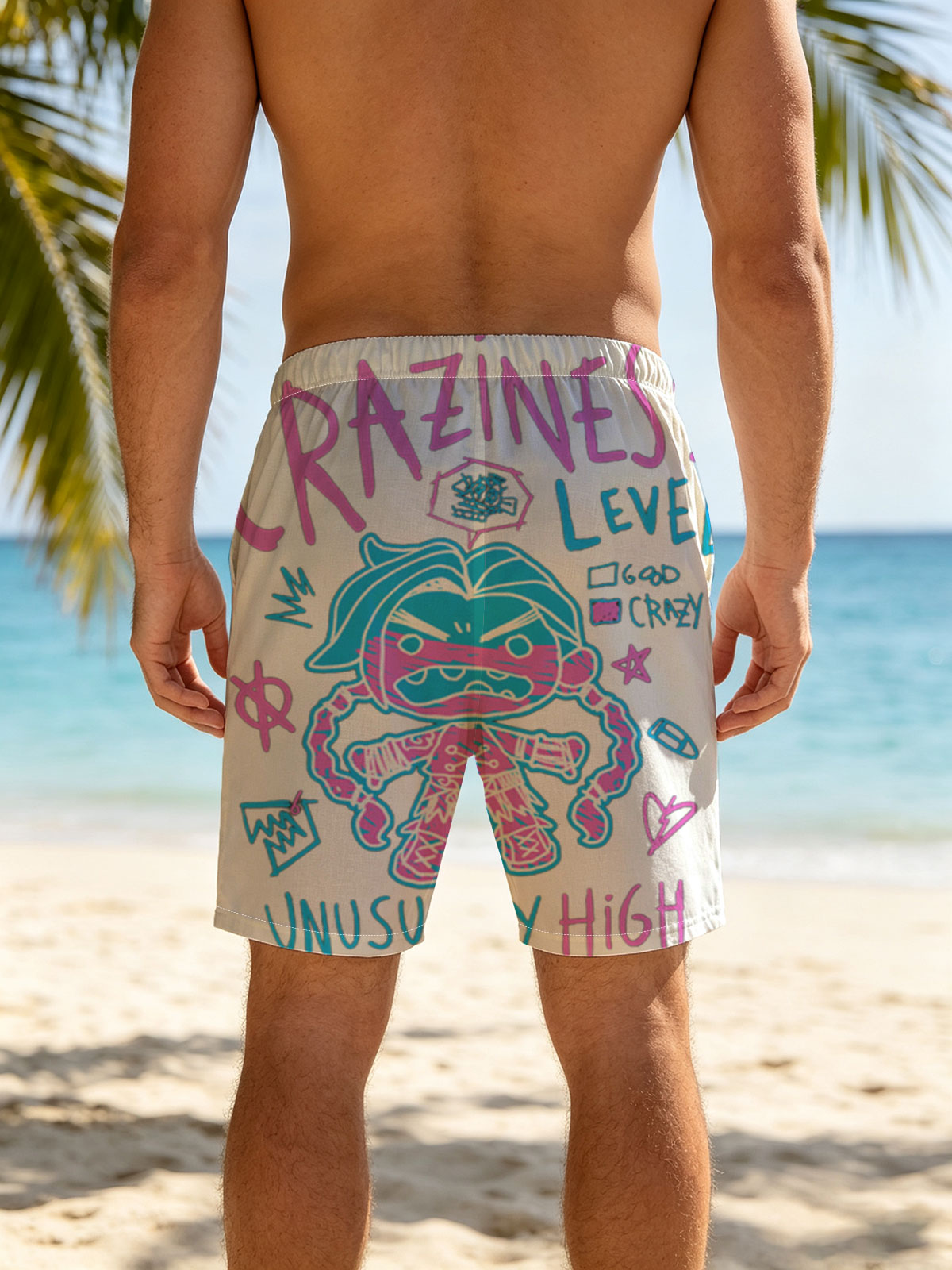 Craziness Level: Unusually High - Animated Character with Blue Hair and Pink Stripes -  Beach shorts