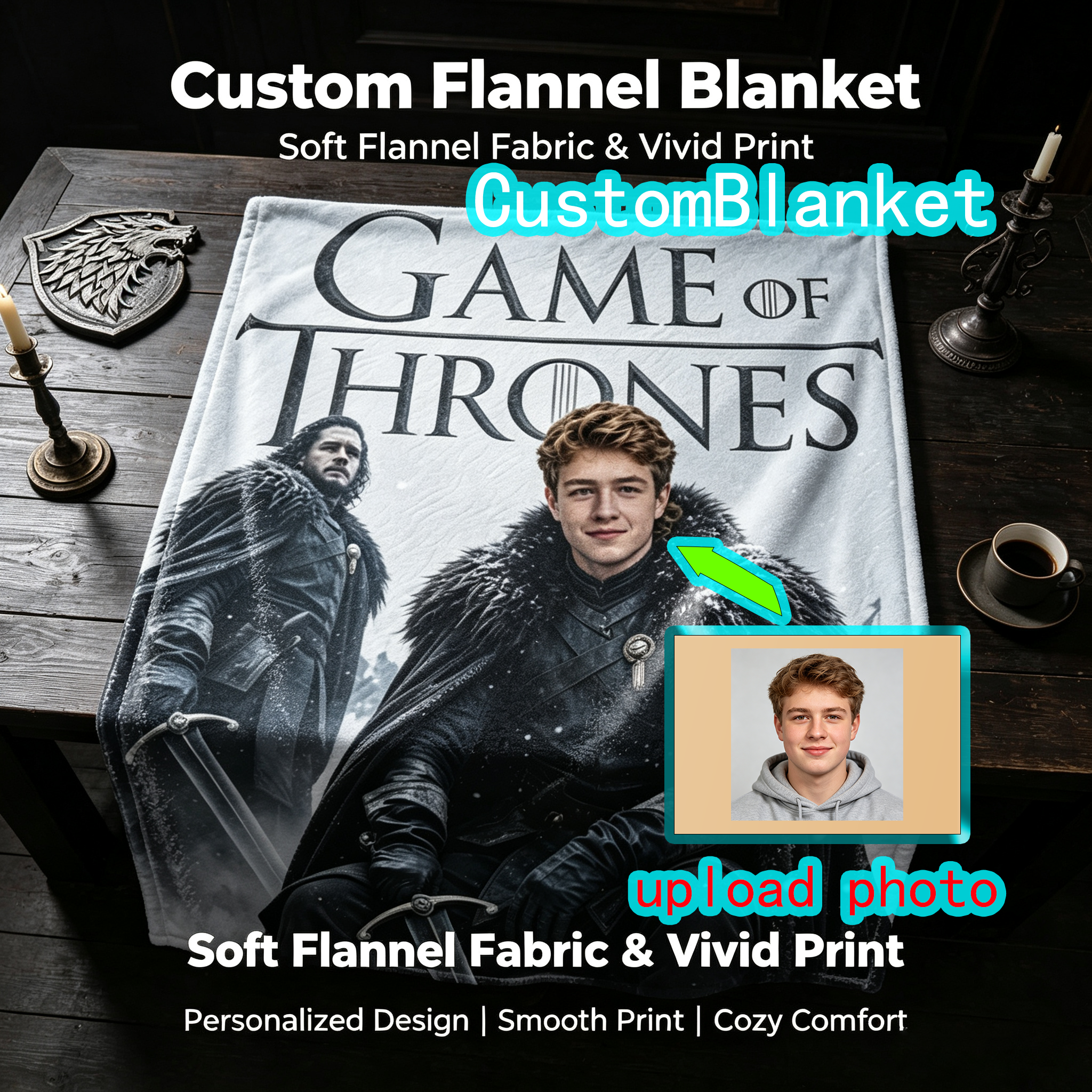 Custom Face Blanket Game of Thrones Flannel Blanket Winterfell Theme Cozy Bedding Gift for Fans