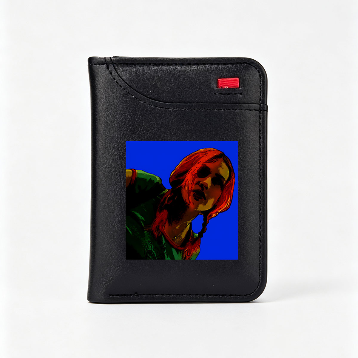Red-Haired Woman in Green Top Against Blue Background - Vertical Style Wallet