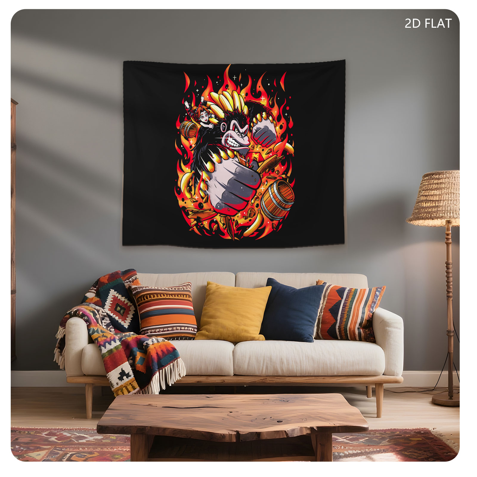 Banana Monkey with Fire and Barrels - Tapestry