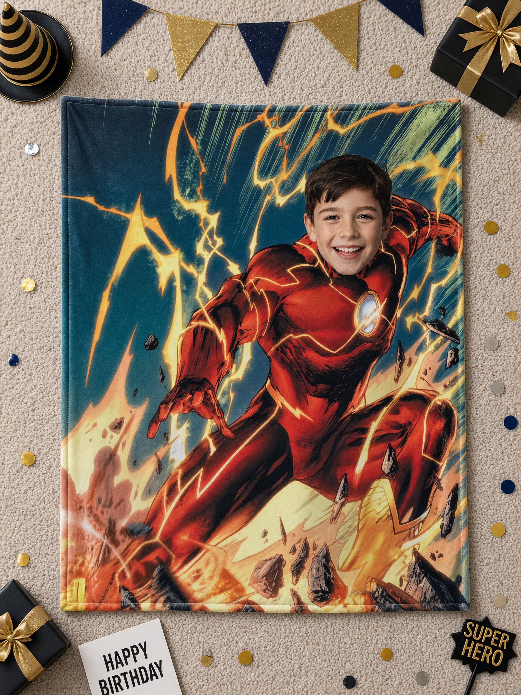 Custom Superhero Face Blanket Personalized Photo Flannel Fleece Throw for Kids Boys Cozy Keepsake Gift