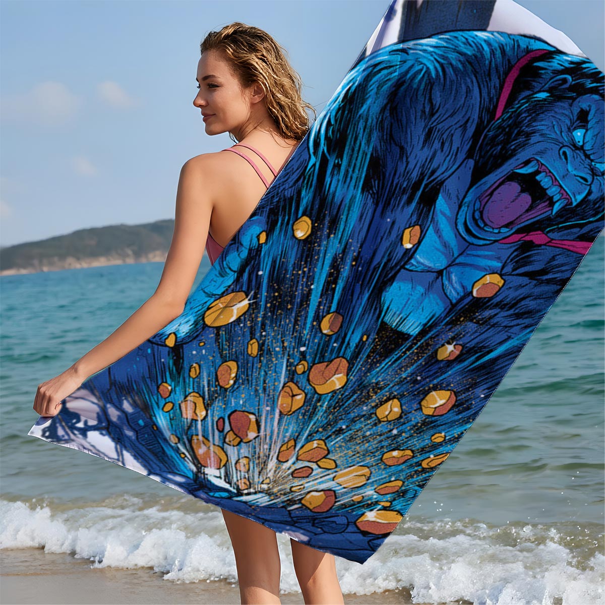 Gorilla King Unleashes Cosmic Power in Epic Clash - Beach towels